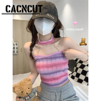 CACNCUT สเวตเตอร์คล้องคอมีโซ่ของเด็กผู้หญิงเสื้อกล้ามคล้องคอสำหรับผู้หญิงเสื้อสเวตเตอร์ถักด้านล่างสุดเท่หวาน