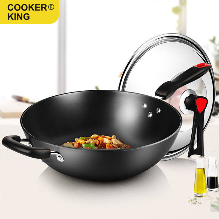 Carbon Steel Wok Pan 32cm Stir Fry Wok Set with Wooden Lid Non-Stick Flat  Bottom Frying Pan for Electric Induction and Gas Stove