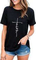 Women Cross Faith T-Shirt Printed V-Neck Casual Short Sleeve Graphic Cute Tops