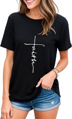 Women Cross Faith T-Shirt Printed V-Neck Casual Short Sleeve Graphic Cute Tops