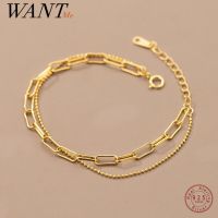 WANTME 925 Sterling Silver Punk Double Oval Interlocking Beads Gothic Charm Bracelet For Women Fashion Simple Link Chain Jewelry