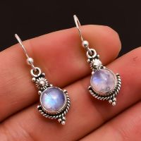 hang qiao shop Women Fashion Rainbow Moonstone Gemstone Jewelry Silver Dangle Earrings