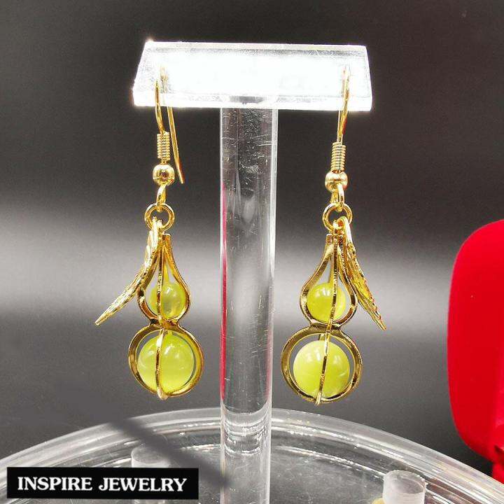 inspire-jewelry-ต่างหูหินตาแมว-ตัวเรือนหุ้มทองแท้-24k-รูปแบบ-น้ำเต้าเก็บทรัพย์-นำโชค-พร้อมถุงกำมะหยี่