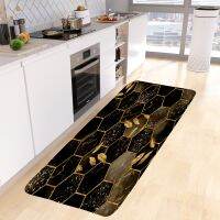 QSR STORE Abstract Marble Kitchen Floor Mat Gold Lines Leaves Cube Modern Geometric Room Long Carpet Home Decor Non-slip Rugs Bath Mats