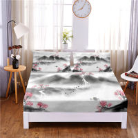 Ink Painting Digital Printed 3pc Polyester Fitted Sheet Mattress Cover Four Corners with Elastic Band Bed Sheet Pillowcases