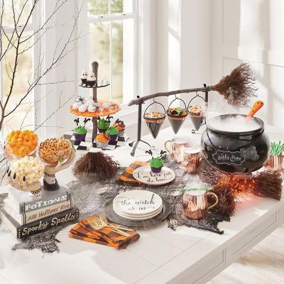 2021 Halloween Snack Bowl Stand With Removable Basket Organizer Halloween Party Pumpkin Fruit Holder With Witch Broom #4