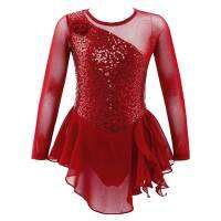 Girls Gymnastic Ballet Leotard Dress Kid Sequins Mesh Long Sleeves Tulle Splice Cutouts Back Figure Ice Skating Dress