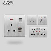 【NEW Popular89】 AvoirUsb WallGray แผงอลูมิเนียมขัดเงา3 5รู MultifunctionWithUKOutlet110V 250V