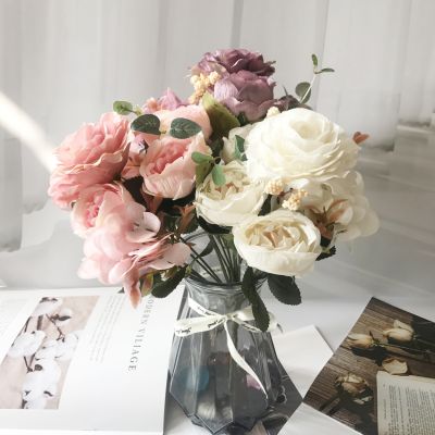 [AYIQ Flower Shop] ดอกไม้ประดิษฐ์ Retro Silk Rose Bouquet ไฮเดรนเยีย Peony Vintage เจ้าสาวถือดอกไม้ปลอมหน้าแรกอุปกรณ์ตกแต่งงานแต่งงาน