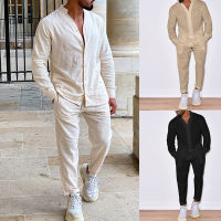 New Cross -Border European And American Menswear Linen Linny Autumn Leisure Set Long -Sleeved Conjoined Workers