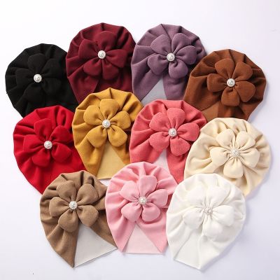 【YF】 Soft Baby Turban Hat Solid Color Big Flower Pearl Girls Beanie Cap Headwrap Kids Warm Indian Hair Accessories