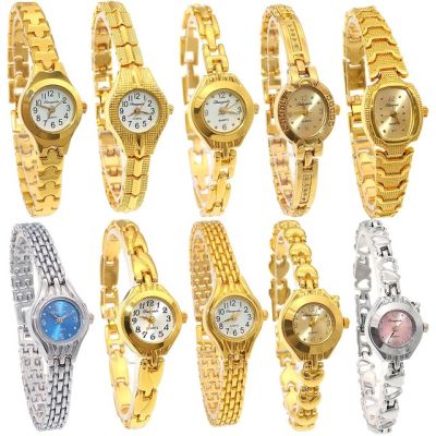 นาฬิกาสตรีสตรีผู้หญิงหญิงสาวสีทองคละแบบ10ชิ้น/ล็อตของขวัญนาฬิกาข้อมือสำหรับออกงานควอทซ์สแตนเลส