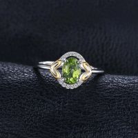 JewelryPalace Oval Green Genuine Natural Peridot 925 Sterling Silver Rings for Women Fashion Gemstone Gold Engagement Ring Band