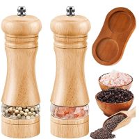 6 inches Wood Salt and Pepper Mill Set and Tray Manual Pepper Grinder Adjustable Ceramic Spice Grinder Kitchen Cooking Tools