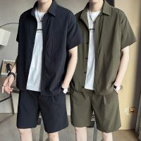 【hot seller】 trendy cardigan casual suit Mens handsome all-match and linen short-sleeved with a set of summer clothes