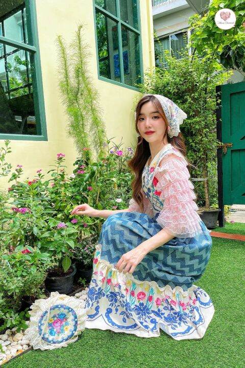 tongmon-vintage-dress-เดรสวินเทจพิมพ์ลายเเต่งผ้ายีนส์ระบายเเขนพู่สีชมพู