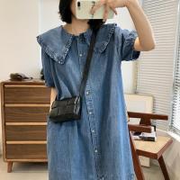 Spot parcel post al Collar Denim Girls Dress Women 2023 Summer New Loose Korean Style Blue Short-Sleeved Midi Dress