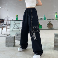 QWEEK Gothic Harajuku Black Cargo Pants Women Chain Wide Leg Goth Hippie Streetwear White Trousers Loose Female Baggy Fashion