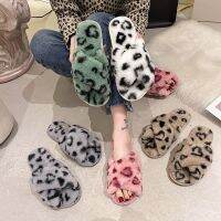 Women Winter Warm Leopard Slippers 2022 New Design Fashion Autumn Cross Fluffy Fur Home Slides Ladies Indoor Outdoor Street Shoe