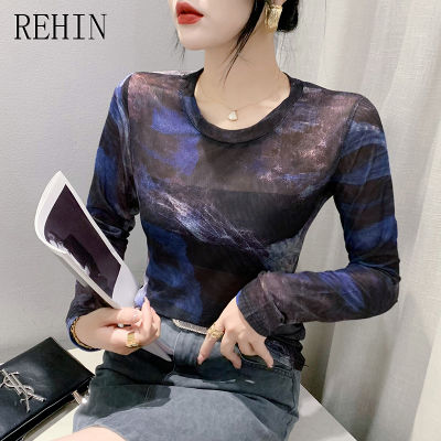 REHIN เสื้อยืดแขนยาวพิมพ์ลายคอกลมชีฟองผู้หญิง,ใหม่2023สไตล์ยุโรปแบบบางและแฟชั่น