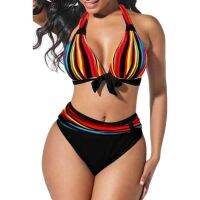 【HOT】❒☋ S-5XL Big Size Striped Set Push Up Waist Halter Beach Swimwear Bathing