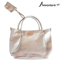 Anusarin กระเป๋าถือ PU สีเทาเงินไหมด้านในบุผ้าคอตต้อน Handbag-Silver