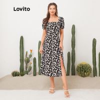 ◈№❀ Lovito Casual Floral Print Square Neck Long Dress for Woman L11D32 (Black)