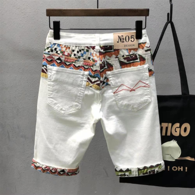 2023 New Guccis Denim Shorts Mens Thin Personality Stitching Embroidered Printed Elastic Capri Pants gnb