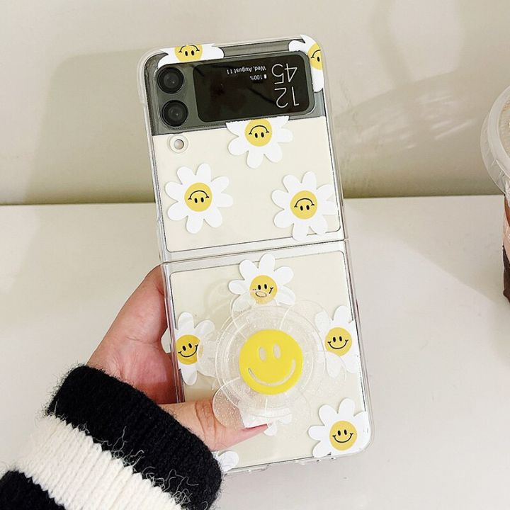 เคสมือจับสำหรับโทรศัพท์มือถือดอกทานตะวันสำหรับ-galaxy-z-flip-4-3-5g-ฝาหลังพลาสติกแข็งใสตั้งยิ้มสำหรับ-z-flip-1-2