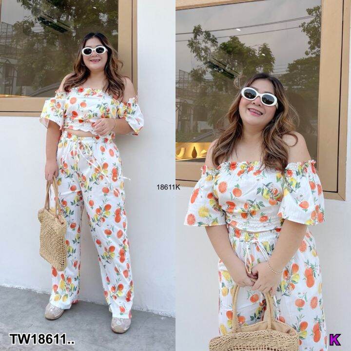 tw18611-set-bigsize-2-ชิ้น-เซตครอปเสื้อทรงปาดไหล่-กางเกงขายาว