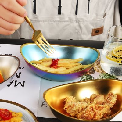 [HOT QIKXGSGHWHG 537] สไตล์เกาหลีสลัดจานชามหนา304สแตนเลส Ingot รูปร่าง Rotisserie Tableware Fries คอนเทนเนอร์ Home Kitchen Tableware