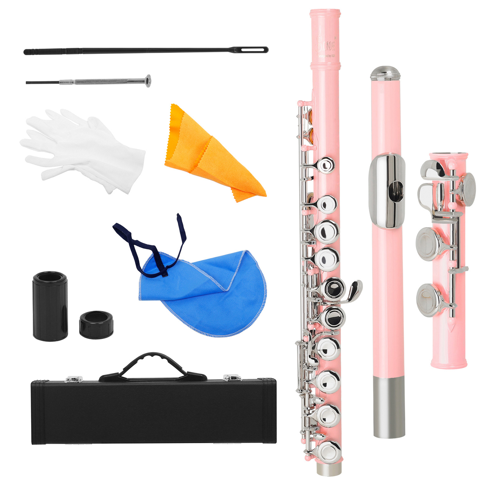 Western Concert Flute Cupronickel Nicke Plated 16 Holes C Key Woodwind Instrument with Cleaning Cloth Stick Gloves Mini Screwdriver Padded Case 