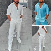 Europe and the United States fashion men casual loose beach wear solid color striped short-sleeved suit mens shirt two-piece set