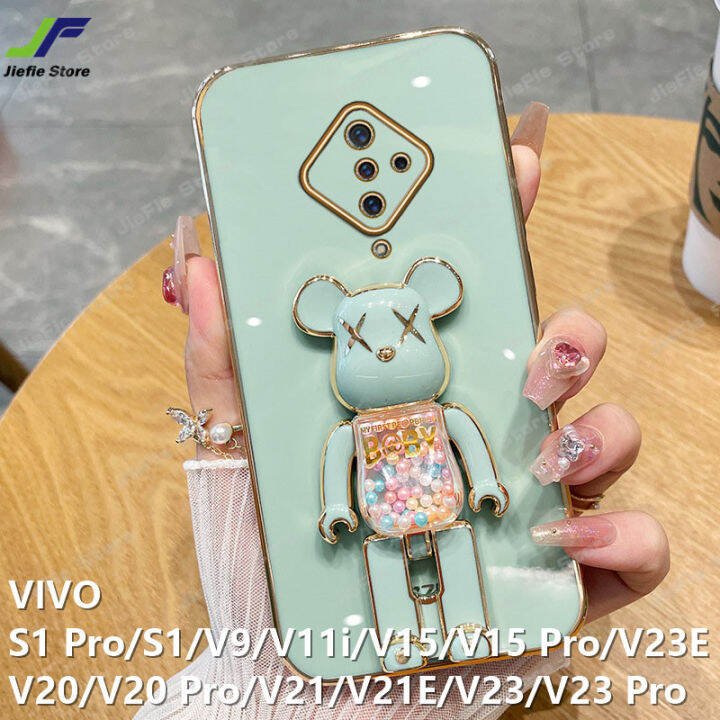 jiefie-ของเล่นน่ารักหมีกรณีโทรศัพท์สำหรับ-vivo-s1-pro-v20-pro-v23-pro-v23e-v20-v21-v21e-v23-v9-v11i-v15-v15-pro-สแควร์-chrome-plated-soft-เคสโทรศัพท์-tpu-ขาตั้ง