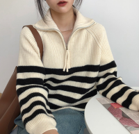 Aurelia sweater เสื้อหนาวไหมพรมดีเทลลายทางทรงคอวี สไตล์เกาหลี TS1577