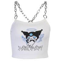 ผู้หญิงโกธิค Punk โลหะเสื้อครอปมีสายไหมพรมยึดโครงแขนกุด Camisole Harajuku อะนิเมะปีศาจน้อยพิมพ์เสื้อกล้ามเข้ารูป