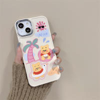 ลายหมีเหลืองต้นมะพร้าวสีชมพูน่ารักเป็นคู่3มิติสำหรับ IPhone 14 13 12 11 Pro Max เคสโทรศัพท์รูปการ์ตูนแฟชั่นความคิดสร้างสรรค์