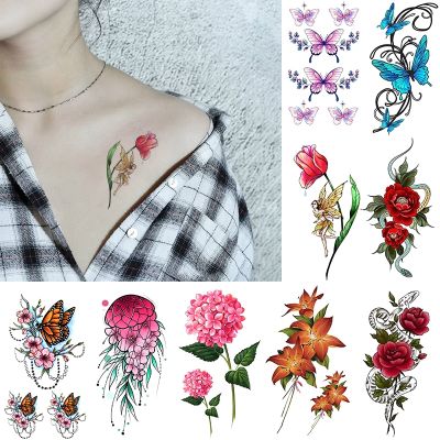 【YF】 Waterproof Temporary Tattoo Sticker Butterfly Elf Tulip Rose Flower Snake Fake Tatto Flash Tatoo Body Art for Women Men