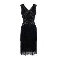 KK1920 Sfalpper ชุดเลื่อม Handmade Beading เลื่อมชุดพู่แขนกุด Great Gatsby Charleston Dance R Dressq11