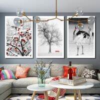 ภาพวาดฤดูหนาว Snow Word และ Red-Crowned Crane รูปภาพภาพวาดผ้าใบสำหรับห้องนั่งเล่น Home Wall Art Aisle Modern Decor-สวยงามและ Majestic