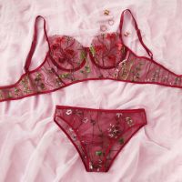 【CC】✁✁  25  Woman Halter Set Two-point Floral See Through Bralette