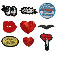 Embroidery Sewing Patch Sequin Eyes Heart Lips English Logo Ironing Heat Transfer Stripe Badge Clothing Bag T-shirt DIY Fashion Brooches Pins