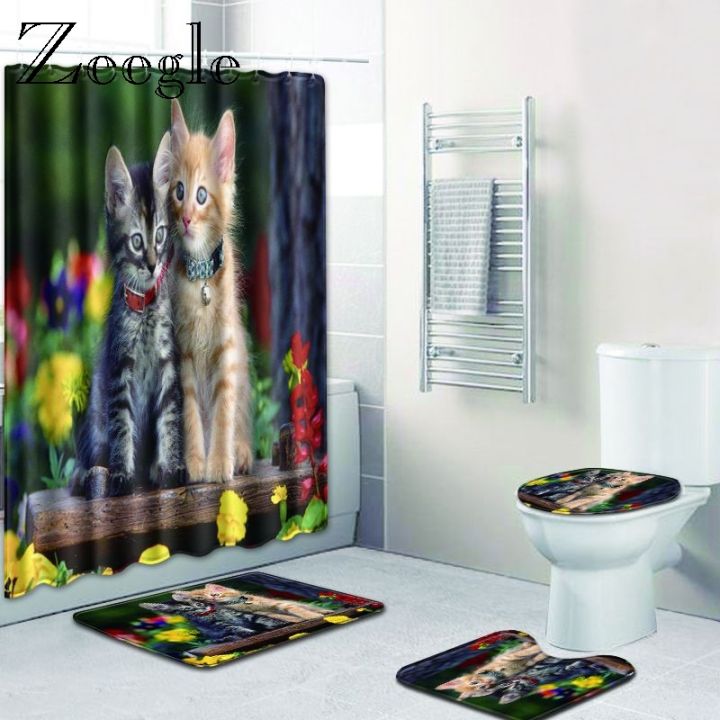 zeegle-cat-pattern-mat-for-bathroom-wc-carpet-set-4pcs-with-shower-curtain-microfiber-door-mats-toilet-rug-non-slip-floor-mats