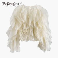 Twotwinstyle Elegant Patchwork ruffles เสื้อชีฟองผู้หญิง O คอโคมไฟแขนยาวหลวมเสื้อหญิง CLOT แฟชั่น...