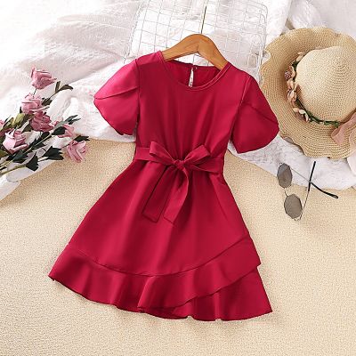 Kids Dress For Girls 4-7 Years Red Color Ruffle-Hem A-line Dress