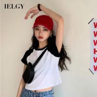 IELGY เสื้อเอวสูงแขนสั้นผู้หญิง,สีตัดกันเสื้อยืดแบบเข้ากันทุกแบบสไตล์เกาหลี