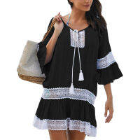 ชุดว่ายน้ำสตรีบิกินี่ Cover Up Hollow Beach Dress Tunic Tassel Crochet Loose