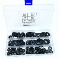 ANNA 260Pcs เหล็ก65Mn แหวนล็อคฟัน M3 M4 M5 M6 M8 M10 M12 7ขนาด Starlock washers Assortment KIT พร้อมกล่องเก็บของ สีดำสีดำ แหวนล็อคเครื่องซักผ้า เครื่องผลิตเครื่องจักร