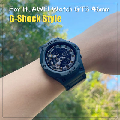 เกราะซิลิโคน Strao G-Shock สไตล์เปลี่ยนสายนาฬิกาสำหรับ Huawei Watch GT3 46มม. ยืดหยุ่น2 In 1 Integral สายรัดข้อมือ Fit สำหรับ GT2 46มม.