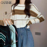 CARINE เสื้อสเวตเตอร์ถักลายทางสำหรับผู้หญิง,เสื้อสเวตเตอร์ถักลายทางคอกลมแขนยาวทรงหลวมสำหรับผู้หญิงเสื้อสเวตเตอร์แบบสวมทับดึงทับสไตล์เกาหลี